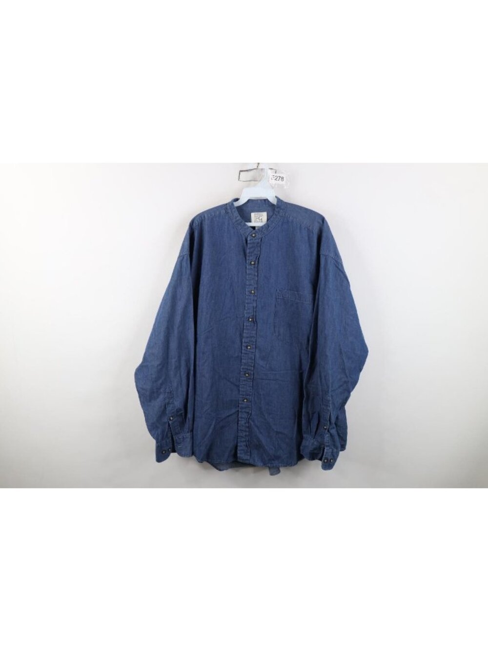 Vintage 90s Band Collar Denim Jean Button Shirt Mens Size XL Blue Cotton Faded